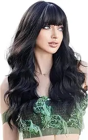 Long Curly Wavy Wigs 25 Inches Black Body Wave Wig with Fringe Synthetic Hair Natural Looking Heat Resistant Fibre for Daily Use Party