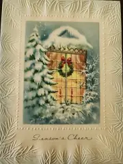 Vtg Christmas Greeting Card Embossed Front Window Snowy Trees Wreath Candle 40s