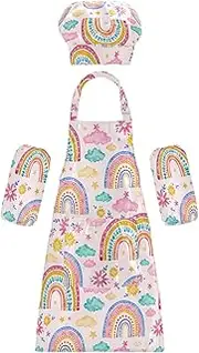 AIXIWAWA Kids Apron Chef Hat Set, Child Kitchen Bib Aprons Adjustable for Cooking Baking Painting (Pink Rainbow)