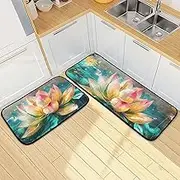 Art Flower Retro Kitchen Mats for Floor, 2 Piece, Funny Cute Washable Non-Slip Kitchen Rugs Set for Home & Office, Sink, Laundry, 19.7” x 27.6” + 19.7” + 47.2”