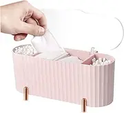 Makeup Organiser, Cotton Pad Container with 3 Compartments, Makeup Swab Dispenser, Makeup Storage Holder for Dresser Bedroom Bathroom (Pink)