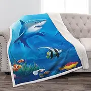 Jekeno Shark Blanket Gifts for Kids Adults Boys Women Girls Men Christmas Birthdays Ocean Underwater Animal Fish Coral Print Presents Decor Home Bedroom Living Room Soft Sherpa Throw 50x60 in