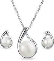 [Bling Jewelry] Timeless Elegance Wedding Pearl Jewelry Set | Delicate White Freshwater Cultured Pearl Teardrop Pendant Necklace and Stud Earrings in .925 Sterling Silver Infinity Design