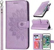 Cavor Wallet Case for iPhone SE 2020/ SE 2022, iPhone 7/8 PU Leather Case Magnetic 3D Embossed Flower Women Flip Kickstand with Card Holder Wristlet Hand Strap Protective Cover-Flower Purple