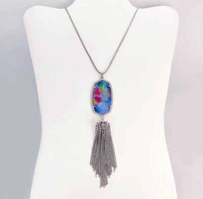 New Kendra Scott Rayne Silver Long Pendant Necklace in Teal Tie Dye