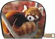 [JEJEA] Red Panda Print Credit Card Holder Wallet, Small Card Holder Wallet with Zipper,Leather Card Holder, White, One Size