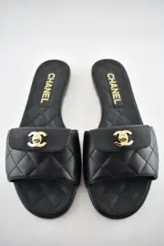 Chanel REV Black Turnlock Quilted Gold CC Logo Mules Slide Sandal Flop Flat 35