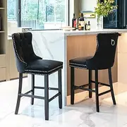 2X Velvet Bar Stools with Studs Trim Wooden Legs Tufted Dining Chairs Kitchen (Black)