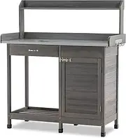 MCombo Potting Bench, Outdoor Garden Wood Potting Table Workstation with Cabinet, Metal Tabletop, Sliding Drawer, Open Shelf (Gray)