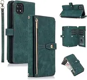 UEEBAI Case for Samsung Galaxy A22 5G, 9 Card Slots Retro Leather Wallet Shockproof Flip Cover with Hand Strap Card Slots Zipper Pocket Kickstand Handbag Magnetic Closure - Retro Green