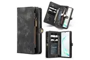 CaseMe For Samsung Galaxy Note 10 Zipper & Detachable Retro Leather Pouch Wallet Flip Purse Bag Detachable Phone Case Cover (Black)