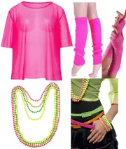 Pink Neon Fishnet Vest Top T-Shirt 1980s Costume Beaded Necklace Bracelet legwarmers gloves