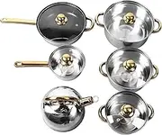 Depisuta 12pcs Stainless Steel Pots and Pans Set, Non Stick Kitchen Cookware with Lids, Golden Handles and Spout, Even Heat Distribution, Include Milk Pot, Sauce, Frying Pan
