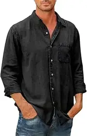 [Sweejim] Denim Long Sleeve Shirts Tops Spring Summer Men's Solid Pocket Single Breasted Shirt