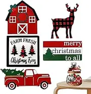 Shxupjn Tiered Tray Christmas Decor Set - Rustic Christmas Tray Decor Wooden Signs | Parties Decorating Supplies, Farmhouse Truck Tree Reindeer Winter Home Decor for Table Fireplace Shelf