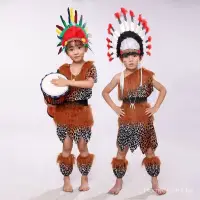 在飛比找蝦皮購物優惠-兒童非洲鼓表演服野人服裝幼兒原始人表演服獵人服裝印第安酋長服