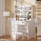 Dressing Table Stool Set With LED Makeup Mirror 5 Drawer Vanity Desk White GIFT
