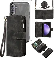[Asuwish] Phone Case for Samsung Galaxy S23 FE 5G Zipper Wallet Magnetic Cell Cover with Tempered Glass Screen Protector Crossbody Strap Flip Credit Card Holder S 23 EF S23FE 23S Women Girls Black