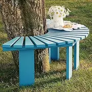 Rustic Blue Wooden Tree Bench Wrap Around Outdoor Seating Garden Bench, Weatherproof Outside Benches, Heavy-Duty Slatted Bench for Front Porch, Patio, Park(Half Round)