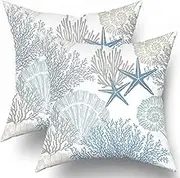 Nautical Coastal Throw Pillow Covers 18x18 Inch Summer Ocean Themed Seashell Coral Starfish Pillow Cases Set of 2 Soft Cotton Square Cushion Covers for Home Couch Sofa Patio Bedroom