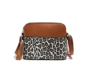 Women PU Leather Leopard Print Crossbody Shoulder Bag-Brown