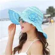 [TOMYEUS] Sun Hats Women's Sun Hat Foldable Large Wide Brim UV Protection Adjustable Flower Floppy Beach Sun Hat Beach Cap (Color : Sky Blue)