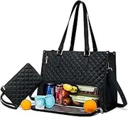 2 in 1 Tote Bag Lunch Bag Combo, Large Black Leather TOTE_BAG with 2 Pockets, Insulated, Leak Resistant, Zipper Closure