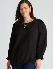 Autograph Top Plus Size 26 Tunic Shirt Blouse Long Sleeve Tie Black Dobby RP$80
