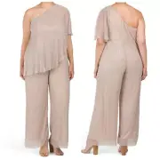 NEW! $229 PLUS SIZE METALLIC MESH ONE SHOULDER JUMPSUIT TAUPE MIST SIZE 30W