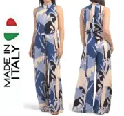 MAGARI High-Neck Back-Deep-Keyhole-Tae Palazzo Wide-Leg Belted Jumpsuit sz L