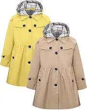 [Betusline] Girls 2 Packs Trench Coat Hooded Lightweight Single Breasted Dress Outerwear Jacket,2-14 Years
