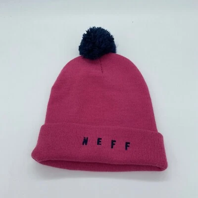 Neff Unisex Cuffed Winter Hat with Pom Warm Solid Pink Neff Logo One Size