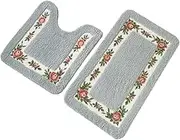 UKELER Absorbent Bathroom Rug Set of 2 Floral Rose Bath Rug Washable Non-Skid Microfiber Shaggy Toilet Rug for Bathroom, 17.7''x29.5''+20''x20'' Bath Mat, Blue