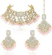 [Aheli] Kundan Cubic Zirconia & Pink Beads Studded Necklace Dangle Earrings Maangtikka Ethnic Jewellery Set for Women, One Size, Metal, No Gemstone