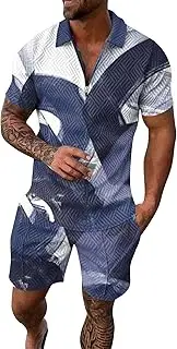 [Generic] Suit Tie Sleeve Casual Shirt and Shorts Sets Two Summer Outfits Zip Tracksuit Set Suit Men Formal