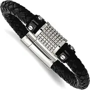 [JewelryWeb] Stainless Steel Polished Black Ip Blk Leather-Blk Rubber Bracelet 22 Centimeters 9mm Wide Link-Bracelet for Women