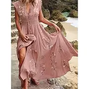 Women's Midi Dress Bohemian V-Neck Floral Embroidery Elastic Waist Drawstring Short Sleeve Beach Vacation Pink Comfortable Regular Fit Casual Summer Clothing A