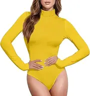 [Caihoyu] Gold Solid Color Pure Plain long sleeve Body Suits Leotard Tank Top Sexy Tops for Women Mock Turtle Neck, Color 2, Medium, Color 2, Medium