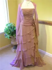 Rina Di Montella $785 SILK tiered evening MOB occasion formal train dress 10