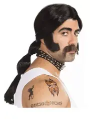 Burly Biker Wig w/Ponytail Fancy Dress Up Halloween Adult Costume Accessory