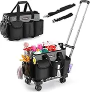 Chyaidach Rolling Cleaning Caddy, Cleaning Supplies Organizer with Trolley, Wearable Cleaning Tote Bag on Wheels with Hard Bottom, Cleaning Carts for Housekeepers/Home/Car/Office/Picnic (Grey)