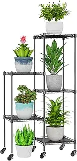 [Abimars] 45'' Plant Stand with Wheels, Shelf Height Adjustable Metal Plant Shelf for 5 Potted Plants, DIY Assembly Indoor & Outdoor Plant Display Rack