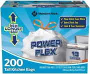 Member's Mark Power Flex Tall Kitchen Drawstring Bags, 200 Count