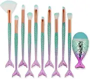 11PCS Makeup Brushes Set with Colorful Fish Tail Handle, Foundation Eyebrow Eyeliner Blush Cosmetic Concealer Brushes Women Girl Cute Make Up Tool Set