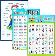 3 Pieces Educational Poster Laminated Wall Learning Chart Number and Alphabet Posters for Kids Toddlers Kindergarten Preschool Family Education, Classroom Decoration