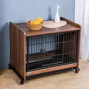 Dog crate with pulleys, wooden furniture dog crate, modern pet crate, spring door lock + encrypted bottom mesh, breathable and comfortable, for small and medium-sized dogs(Walnut)