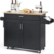 Costway Rolling Kitchen Island Cart with Storage, Serving Trolley Cart with Towel Rack, 3-Level Adjustable Shelf & Lockable Wheels, Mobile Island Table, Organizer Furniture (Black)