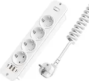 Retractable Built-in Socket 4-Way (4000 W/16 A), Power Strip with 2 USB-C (PD20W) & 2 USB-A (QC18W), Table Socket with Surge Protection for Kitchen and Office, 1.5 m Spiral Cable, White