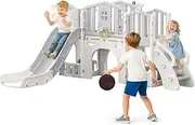 KIDBOT 8in1 Kids Slide Set, Kids Slide Playground with with Basketball Hoop & Telescope Steps Activity Centre, Tunnel Ring Toss Indoor Outdoor Playset Toy