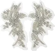 2PCS Bodice Applique, 13.4x7.1 Inch Bling Rhinestone Lace Fabric Trimming Patches for Wedding Dress Decorations